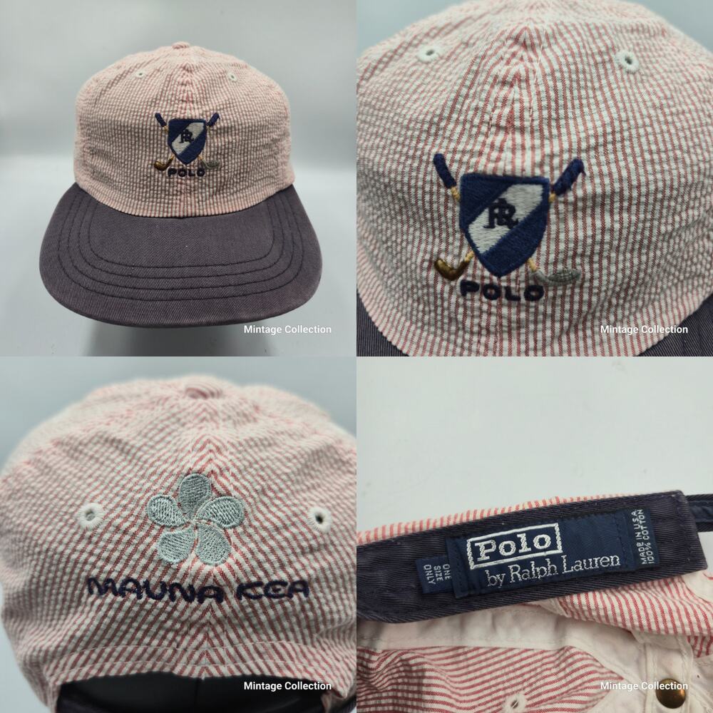 Rare Vintage Polo Ralph Lauren Golf Red Stripe Strapback Hat Mauna Kea Hawaii